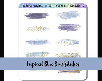 Decorative Planner Stickers, Journal Decor, Deco Stickers, Planner Decals, Brush Strokes, Blue & Gold, Paint Swipe, Tropical Pattern, Washi