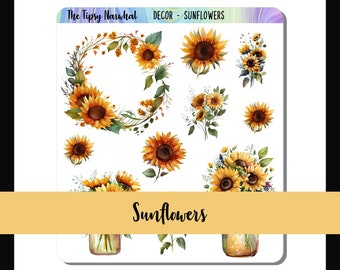 Printable Planner Stickers, Journal Decor, Digital Download, Decorative Stickers, Sunflower Bouquets, Autumn Florals, Fall Flowers, PNG