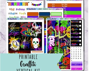 Printable Planner Sticker Kit, Digital Download, Vertical Planner, Erin Condren, Deco Stickers, Graffiti Stickers, Digital Journal Decor PNG