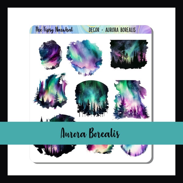 Printable Planner Stickers, Journal Decor, Digital Download, Decorative Stickers, Aurora Borealis, Sky Art, Forest Decor, Sticker PNG