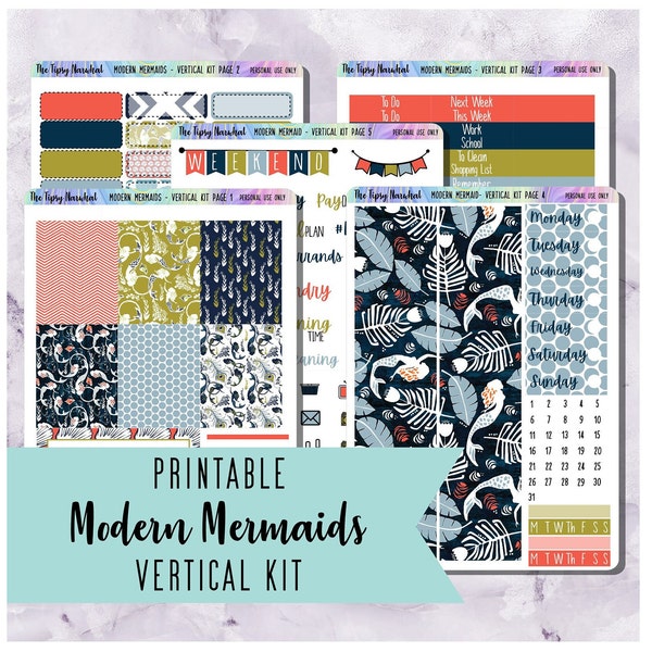 Printable Planner Sticker Kit, Digital Download, Erin Condren, Vertical Planner, Mermaid Decor, Bold Color Palette, Abstract Pattern, PNG