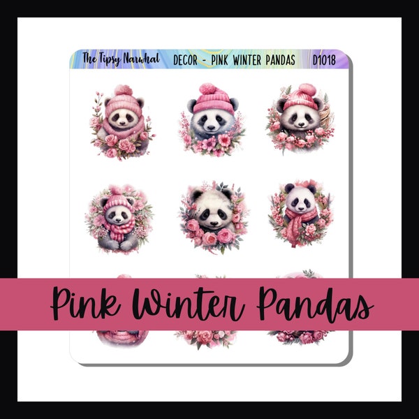 Printable Planner Stickers, Journal Decor, Digital Download, Gift for Planner, Panda Bear, Pink Hat and Scarf, Floral Wreath, Winter Planner