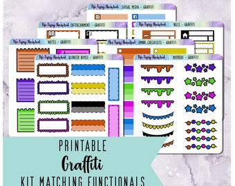 Graffiti Functional Stickers - Printable Planner Sticker - Quarter Boxes - Dividers - Bills - Ombre Checklists - Digital Stickers