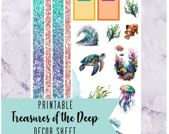 Printable Planner Stickers, Journal Decor, Digital Download, Decorative Stickers, Sea Turtle, Jellyfish Deco, Washi Tape Stickers, PNG