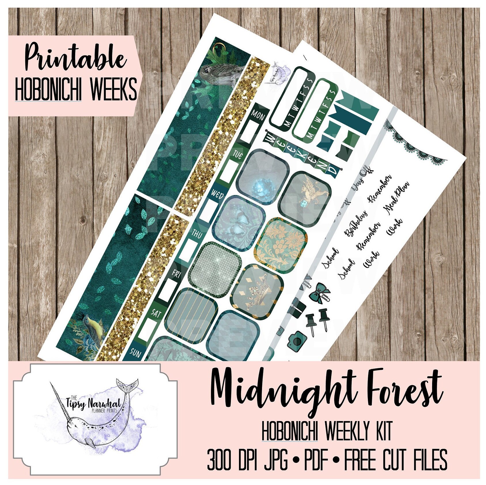 hobonichi weeks printable planner stickers midnight forest etsy
