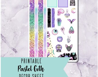 Printable Planner Stickers - Journal Stickers - Decorative Stickers - Pastel Goth - Skull - Ghost - Rainbow - Spooky - Digital
