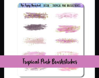 Decorative Planner Stickers, Journal Decor, Deco Stickers, Planner Decals, Brush Stroke, Pink & Gold, Tropical Pattern, Sticker Sheet, Washi