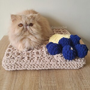 May include: A fluffy, light brown Persian cat lying on a crocheted beige blanket with blue and yellow crocheted balls. The text "shea.crochet" is visible in the background.