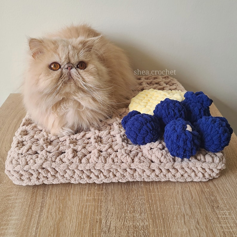 May include: A fluffy, light brown Persian cat lying on a crocheted beige blanket with blue and yellow crocheted balls. The text "shea.crochet" is visible in the background.