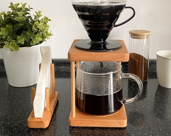 Pour Over Coffee Dripper Adjustable Coffee Filter Stand Holder with Wooden Base Stand for Coffee Beer Drink Maker Portable Pour Over Stand Coffee Station