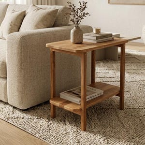 Può includere: Un tavolino rettangolare in legno con quattro gambe dritte e un ripiano inferiore. Il tavolo presenta una finitura con venature del legno marrone chiaro, angoli arrotondati sul piano e una superficie liscia. È posizionato accanto a un divano beige.