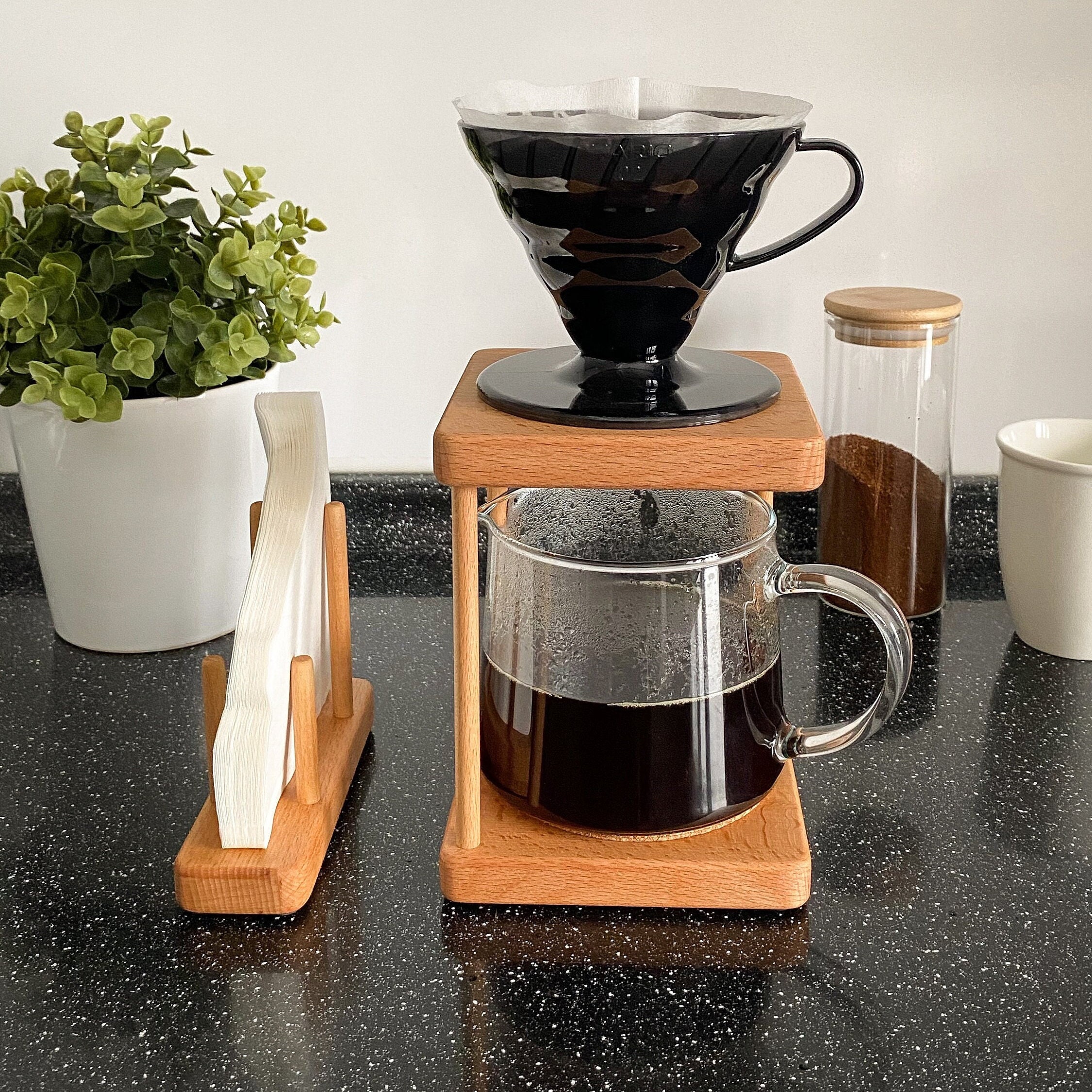 Pour Over Coffee Maker Adjustable Stand with Vintage Wooden Base