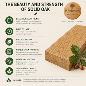 K&ouml;nnte beinhalten: Eine Infografik mit dem Titel The Beauty and Strength of Solid Oak, die ein rechteckiges St&uuml;ck hellbraunes Eichenholz mit sichtbarer Maserung und einen kleinen Eichenzweig mit zwei Eicheln zeigt. Der Text hebt Haltbarkeit und nat&uuml;rliche Sch&ouml;nheit hervor.