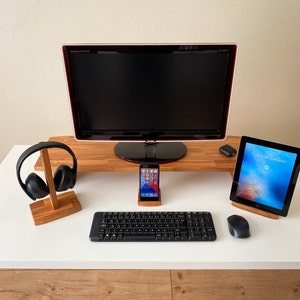 Solid Wood Desk Organizer Set: Monitor, Tablet, Phone, Headphone Stands