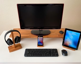 Solid Wood Desk Organizer Set: Monitor, Tablet, Phone, Headphone Stands