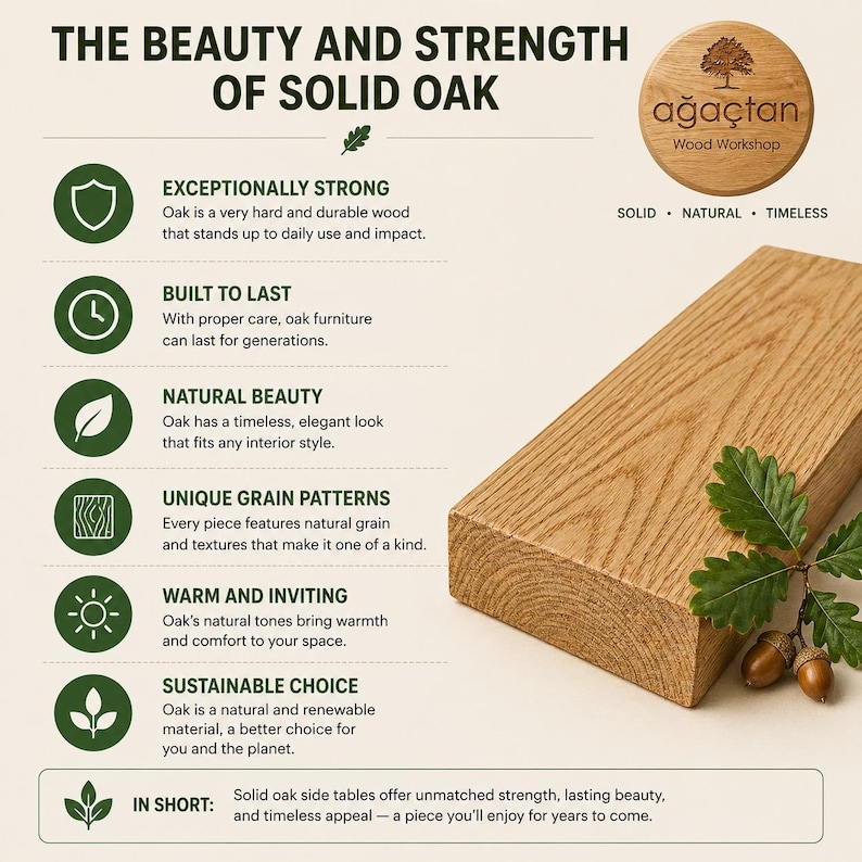 May include: A rectangular block of solid oak wood with a visible grain pattern, accompanied by an oak leaf and two acorns. The image includes text detailing the strength and beauty of solid oak, featuring the logo for ağa&ccedil;tan Wood Workshop.