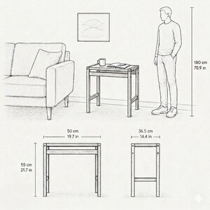 May include: A line drawing of a rectangular side table with four legs and a flat top. The table measures 19.7 inches wide, 14.4 inches deep, and 21.7 inches high. The illustration shows the table next to a sofa and a person for scale.