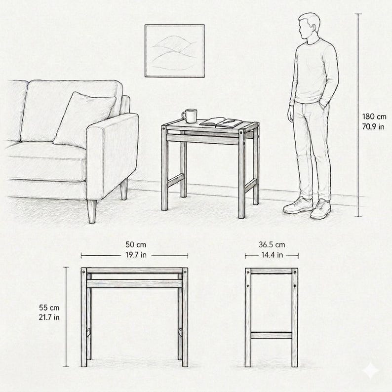 May include: A line drawing of a rectangular side table with four legs and a flat top. The table measures 19.7 inches wide, 14.4 inches deep, and 21.7 inches high. The illustration shows the table next to a sofa and a person for scale.