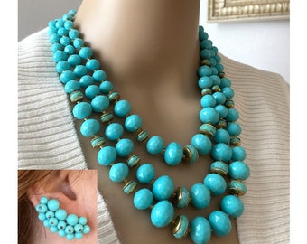 Turquoise Triple Strand Necklace with Matching Earrings Set - 1960s/60s - Teal - WOW