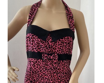 Collectif Pink and Black Leopard Print Pin-up Dress, Pencil Dress, In Mint Condition - Rockabilly, Pin-up, Punk, Size 14 US (18 UK)