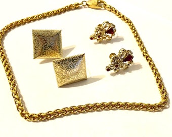 Vintage Jewelry Set - Casio Necklace, Coro Screwback Goldtond and Red Rhinestone Earrings, Gold Textured Clip-on Earrings, Gorgeous Set