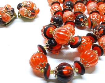 Outstanding Triple Strand Deep Orange and Black 1950s/60s Necklace and Matching Clip-on Earrings