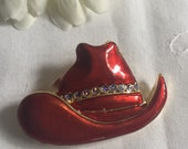 Red Cowboy Hat Brooch - New, Great Gift, Red with Rhinestones, Ready to Ship LOW PRICE