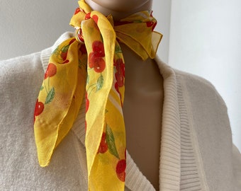 Yellow Cherry Print Accesory Scarf - Vintage Inspired, Rockabilly, Pin-up, 1950s Fashion, Excellent Condition