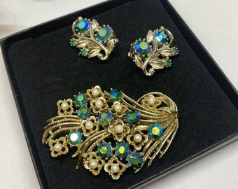 Coro Signed Aurora  Borealis Blue and Green Clip on Earrings and Stunning Brooch