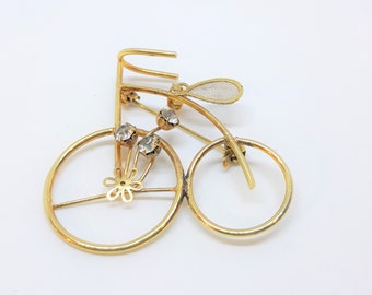 Stunning Vintage Bicycle Brooch or Pendant  - Gold Tone with Rhinestones