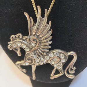 Rhinestone Pegasus Pendant Necklace: Silvertone Mythical Jewelry