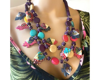 Vintage 1960s Tiki Necklace - Wooden Fish with Various Colours, Authentic - Rare - and Stunning