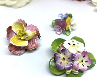 LOT OF THREE Ceramic Brooches: Crown Staffordshire, Cara China Staffordshire and Unsigned Brooch Set. Gorgeous! 1960s - Made in England.