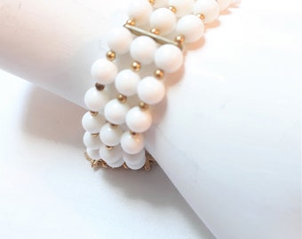 Stunning 1940s, Early 1950s Triple Strand White Beaded Faux Pearl Bracelet with Stunning Gold accents, Mid Century Modern