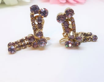 Vintage Juliana Style Purple Rhinestone Pronged Screw Back Earrings