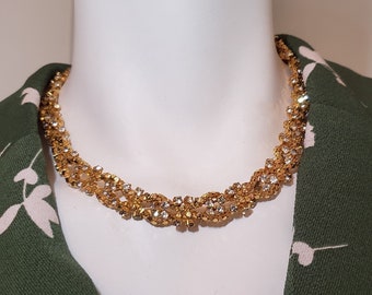 Vintage Twisted Gold Tone Necklace with Rhinestones 14-17 inches, 1960s/1970s