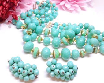 Vintage Turquoise Triple Strand Necklace with Matching Earrings Set - 1960s/60s - Won't Last Long!