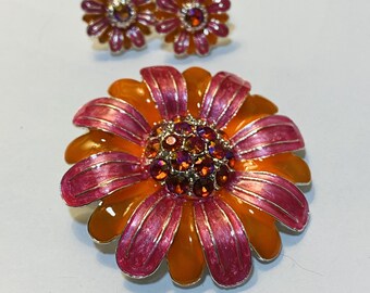 Conjunto de broche y pendientes vintage Avon naranja y rosa, años 70, firmado