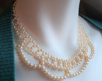 Stunning Vintage Faux Pearl Bib Necklace - Mid Century Modern