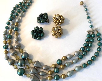 Vintage 1950s- 1960s Collection of Teal, Gold and Silver - Double Strand Beaded Necklace (Japan) Necklace and Hong Kong Cluster Earrings