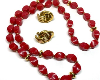 Napier Red Necklace with Gold Tone Clip on Earrings - Gorgeous Set - MCM, 1950s-1960s Signed, Mid Century