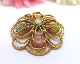 Brooch - Mid Century Modern, 1960's Gold Plated Brooch with Robin Eggs - Pink, Orange, Blue, Green