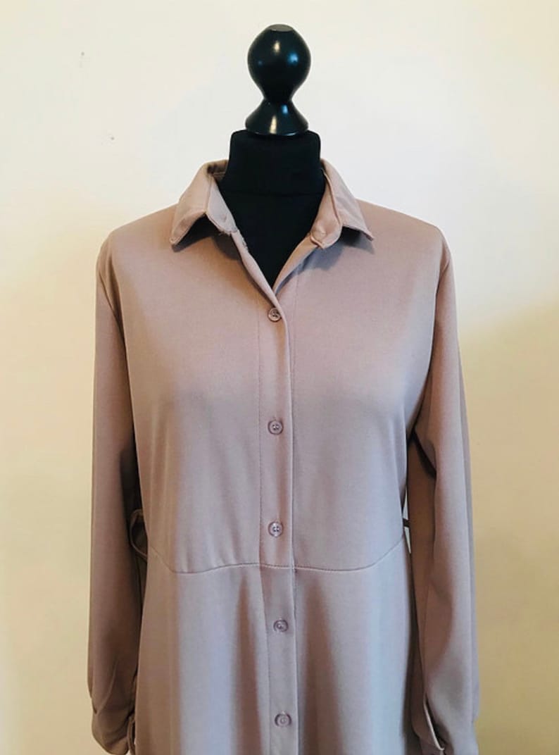 Includes Belt. Nude Black Beige Collared Abaya With Buttons