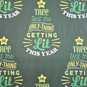 May include: A green background with a repeating pattern of a Christmas tree with the text "The tree isn't the only thing getting lit this year".