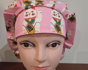 Japanese lucky cat (3 prints)  surgical scrub bouffant hat, euro, skull cap