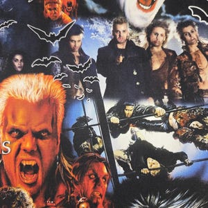May include: A fabric print featuring a collage of scenes from the movie The Lost Boys, including multiple characters with fangs, dark clothing, and stylized white bat silhouettes scattered across a dark blue and black background.