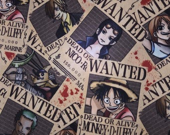 May include: A fabric pattern featuring multiple One Piece wanted posters with characters like Monkey D. Luffy, Roronoa Zoro, Nami, Sanji, Nico Robin, and God Usopp. Each poster includes the text Dead or Alive, Wanted, and bounty amounts.