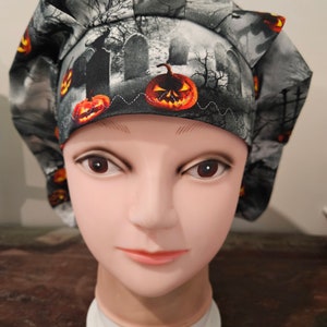 Graveyard, Cats, Pumpkins, Crows (3 prints) Halloween surgical scrub bouffant hat
