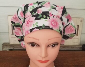 Black White Striped Rose Floral Surgical Scrub Cap Double Layer