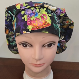 Cartoon villains teacups surgical scrub bouffant hat, euro, skull cap